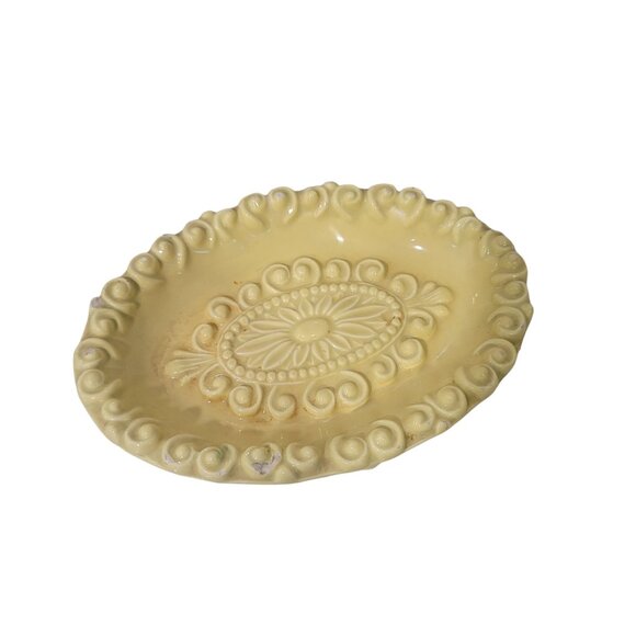 yellow Ornate Oval Footed Regency Glam Ceramic Soap Dish Trinket Tray - Picture 11 of 11